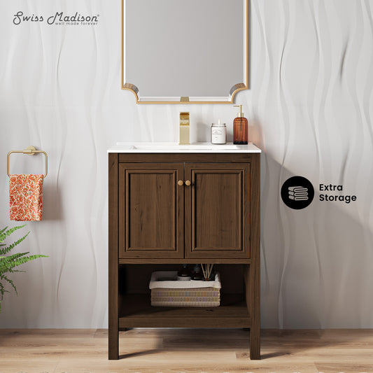 Swiss Madison, Chateau 24" Freestanding Bathroom Vanity in Brown Oak with Sink Top