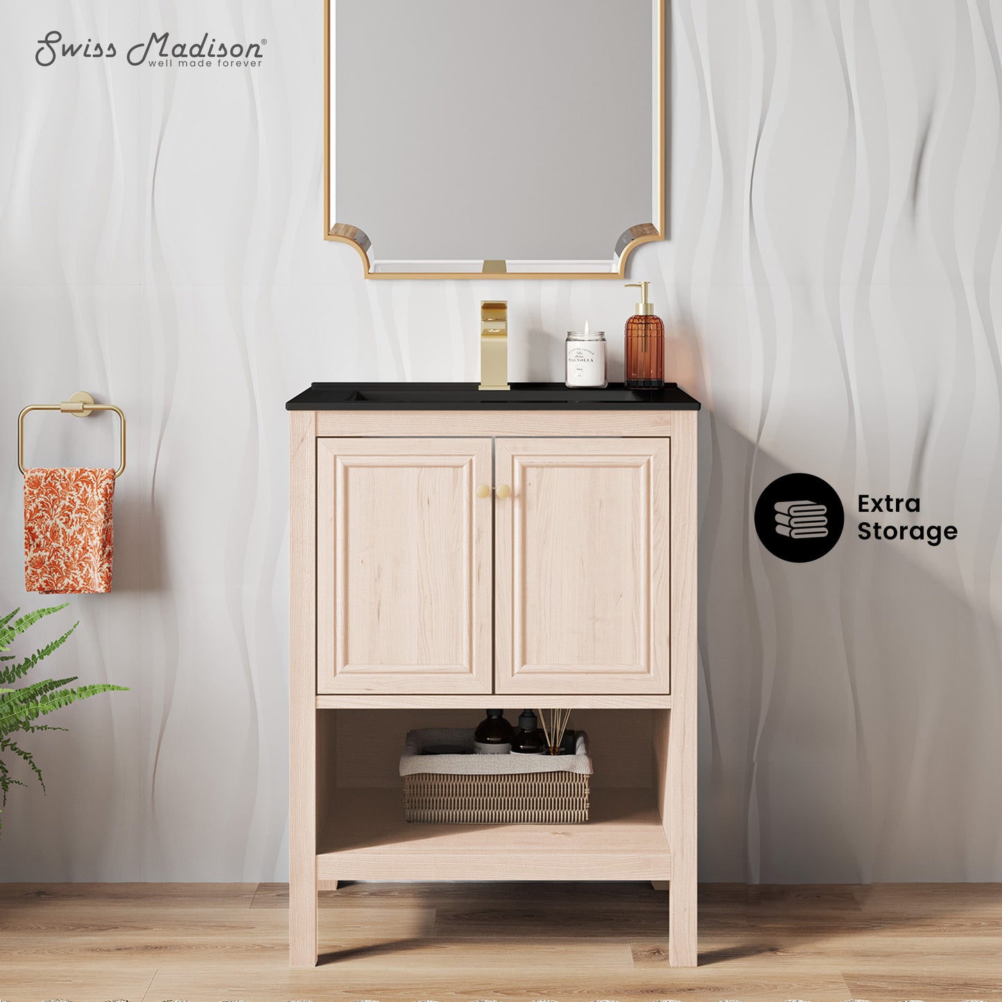 Swiss Madison, Chateau 24" Freestanding Bathroom Vanity in White Oak with Black Sink Top