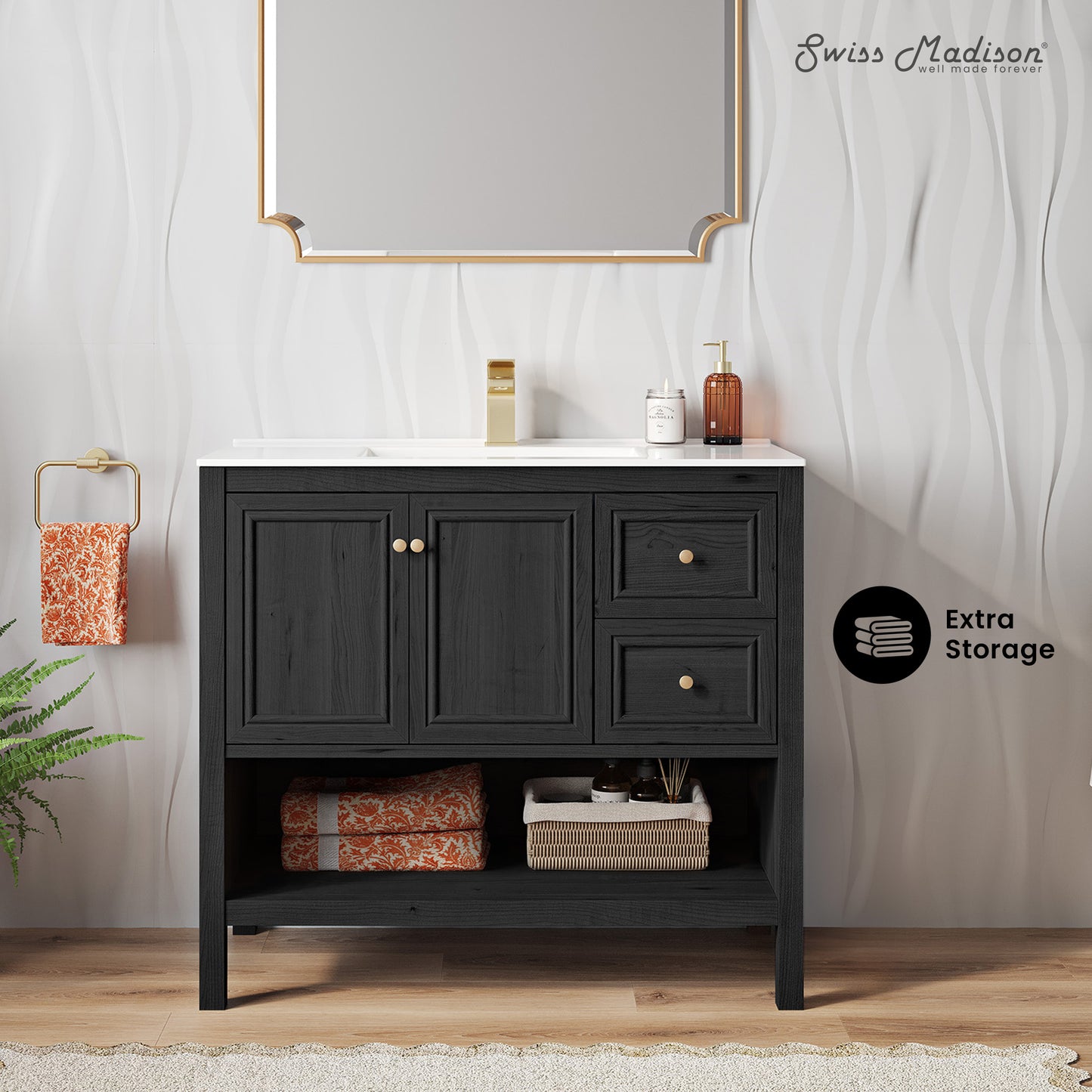Swiss Madison, Chateau 36" Freestanding Bathroom Vanity in Black Oak with Sink Top