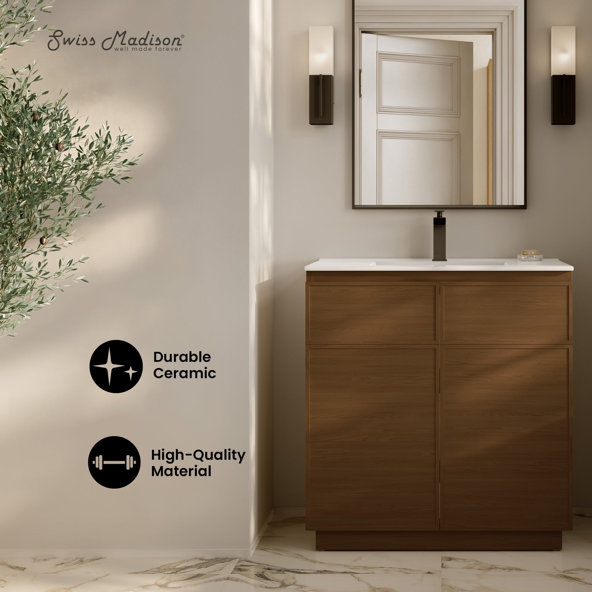 Swiss Madison St. Tropez 36-inch freestanding bathroom vanity in Brown Oak