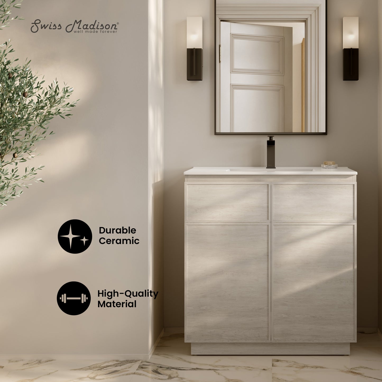 Swiss Madison St. Tropez 36-inch freestanding bathroom vanity in White Oak