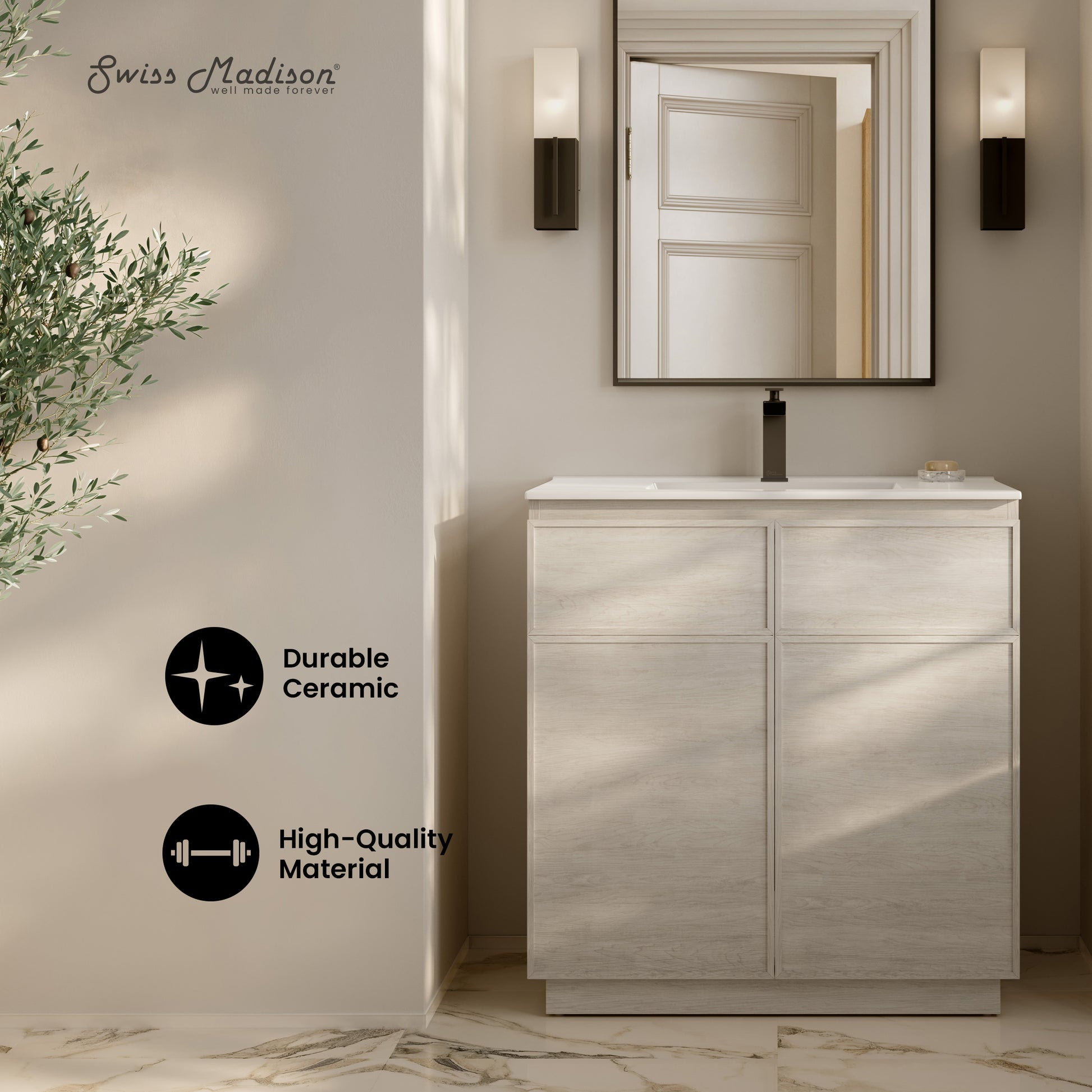 Swiss Madison St. Tropez 36-inch freestanding bathroom vanity in White Oak