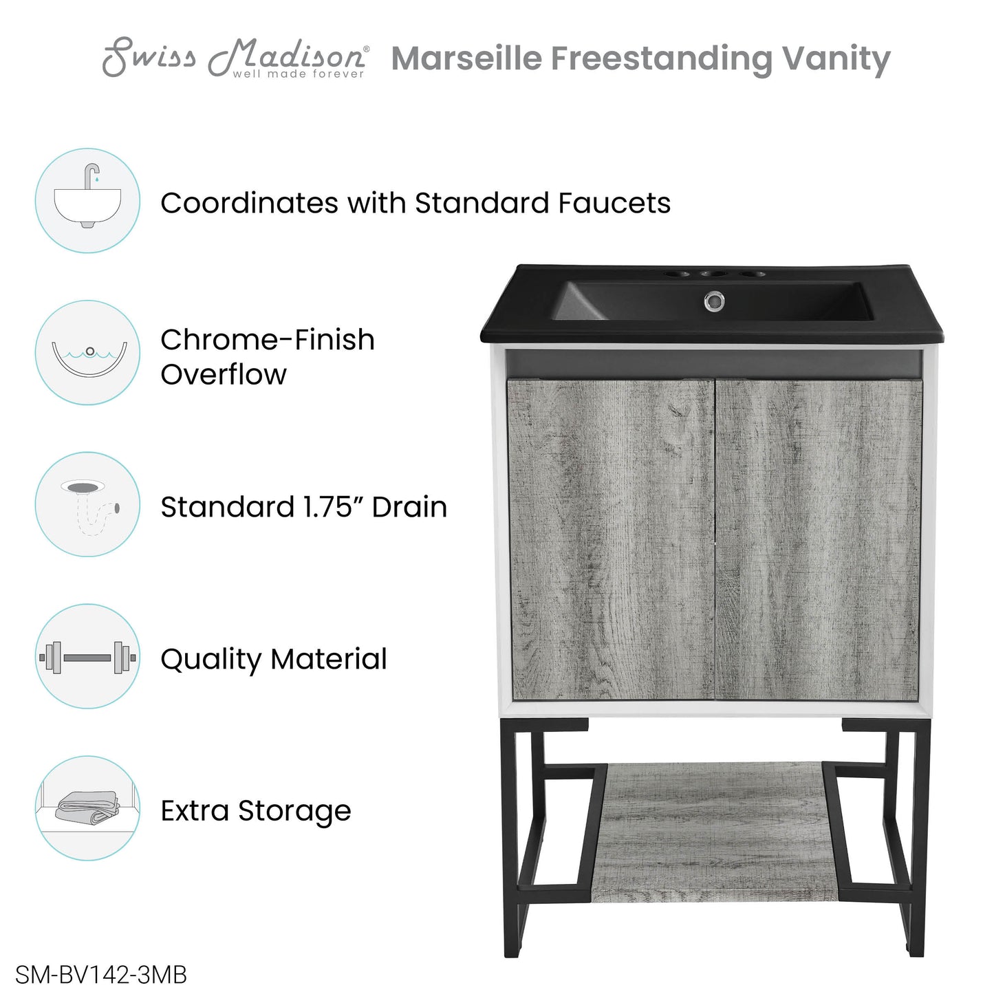 Swiss Madison, Marseille 24 in. Gray Oak Bathroom Vanity With Black, 3-Hole Ceramic Sink Top