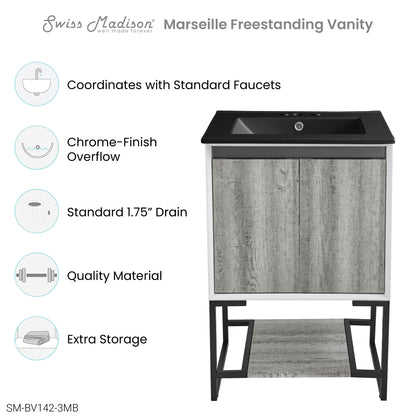 Swiss Madison, Marseille 24 in. Gray Oak Bathroom Vanity With Black, 3-Hole Ceramic Sink Top