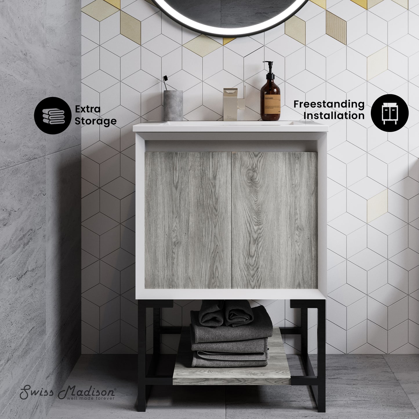 Swiss Madison, Marseille 24 Single, Two Doors, Open Shelf Bathroom Vanity