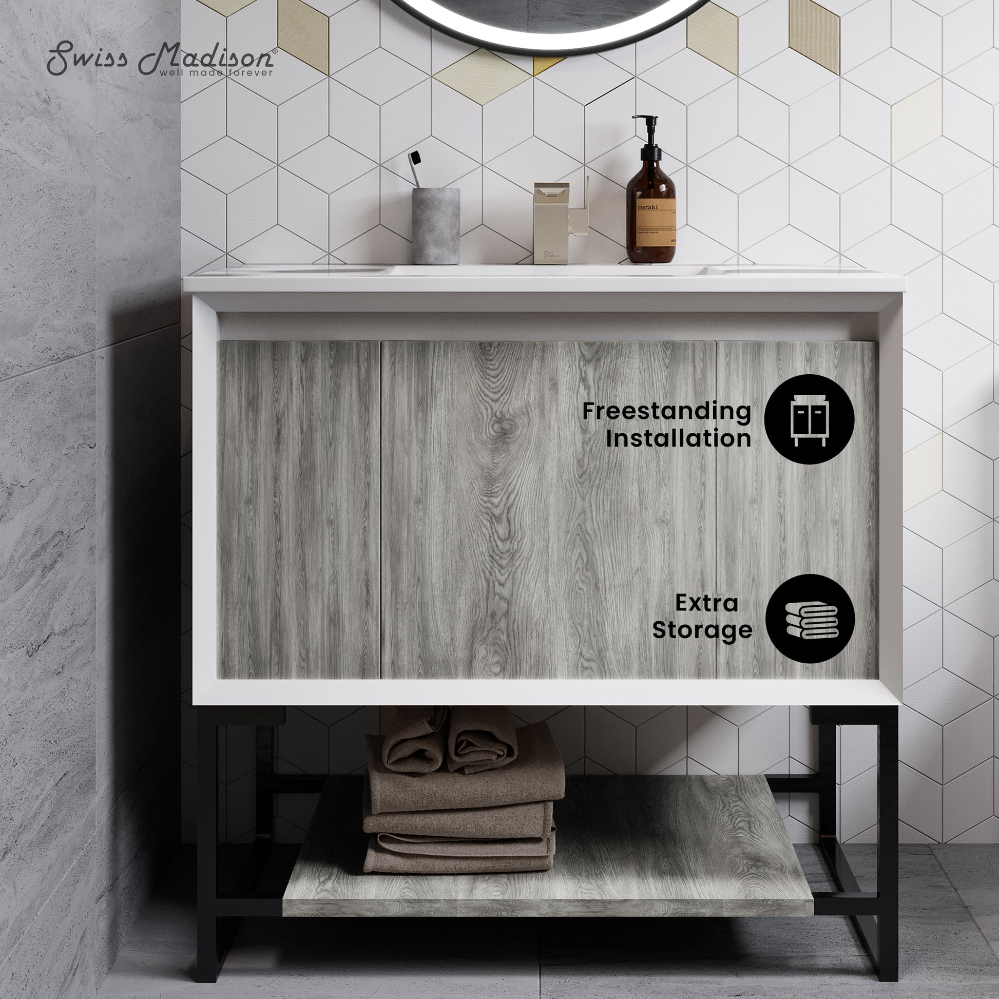 Swiss Madison Marseille 36-inch freestanding bathroom vanity in Gray Oak