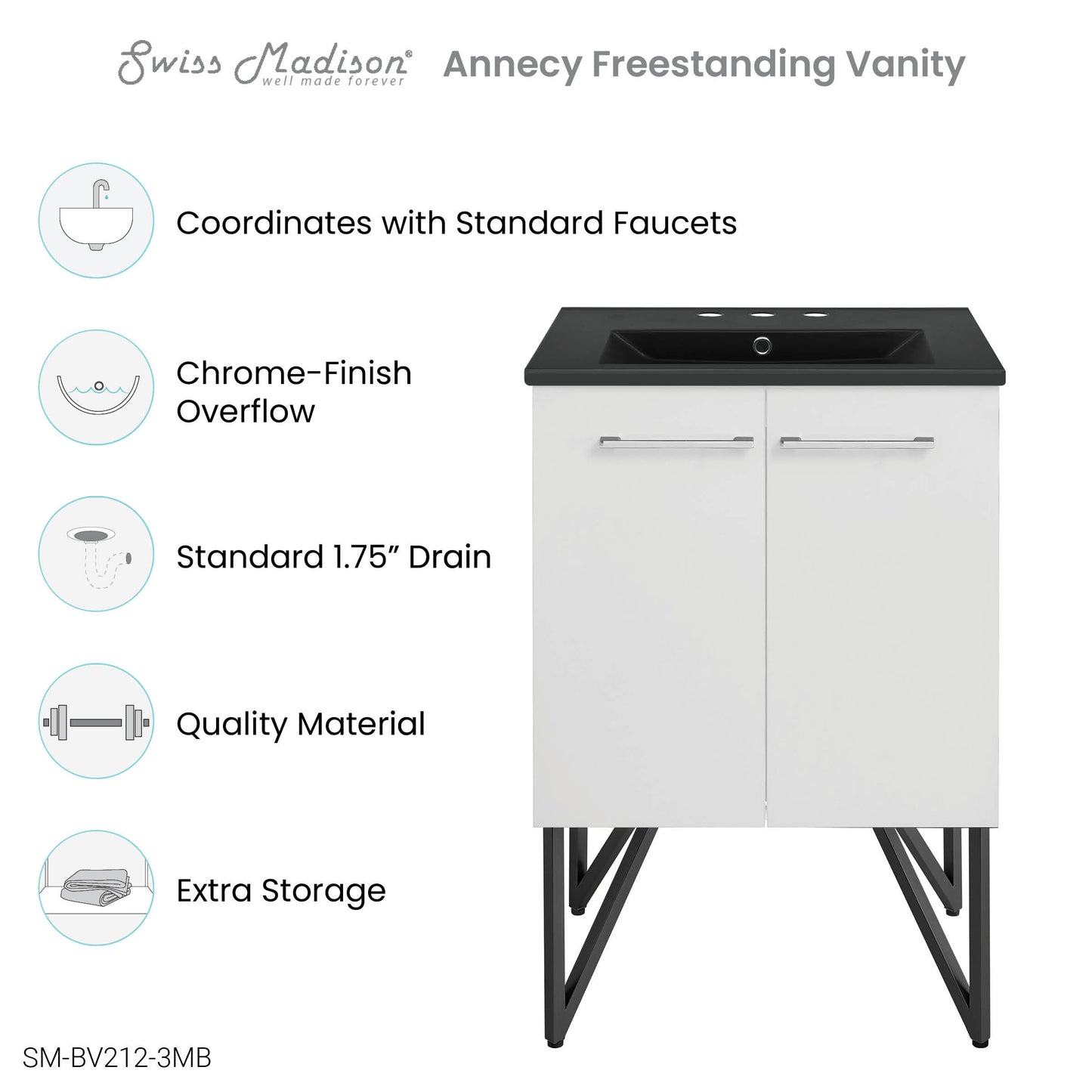 Swiss Madison, Annecy 24 in. White Bathroom Vanity With Black, 3-Hole Ceramic Sink Top