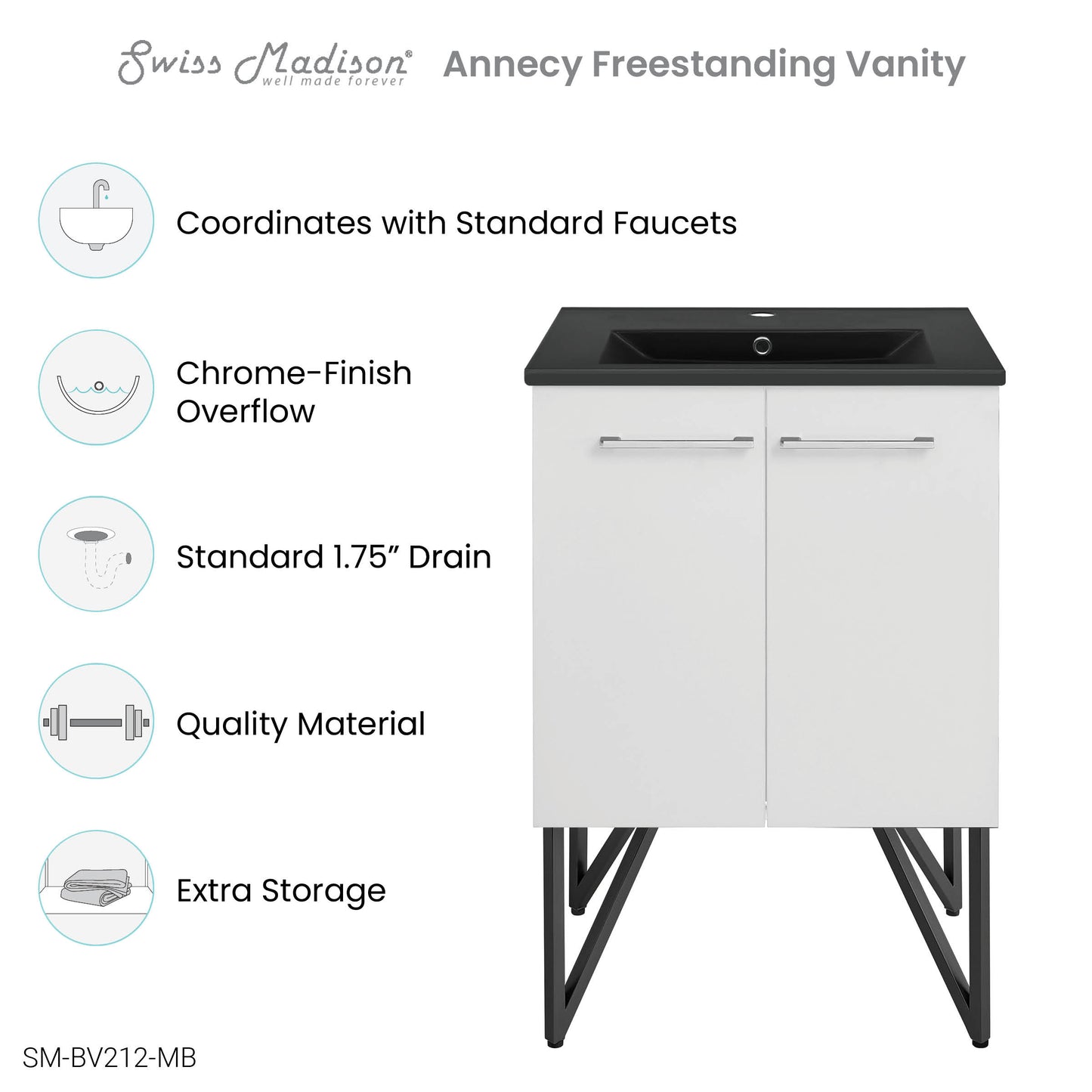 Swiss Madison, Annecy 24 in. White Bathroom Vanity With Black Ceramic Sink Top