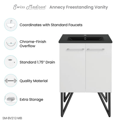 Swiss Madison, Annecy 24 in. White Bathroom Vanity With Black Ceramic Sink Top