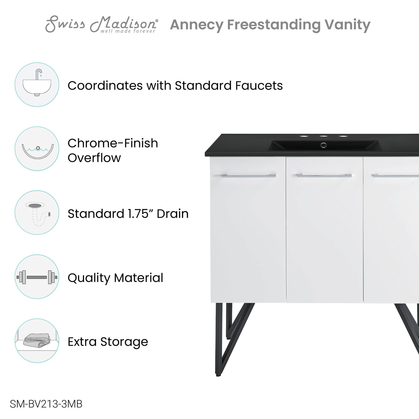 Swiss Madison, Annecy 36 in. White Bathroom Vanity With Black, 3-Hole Ceramic Sink Top