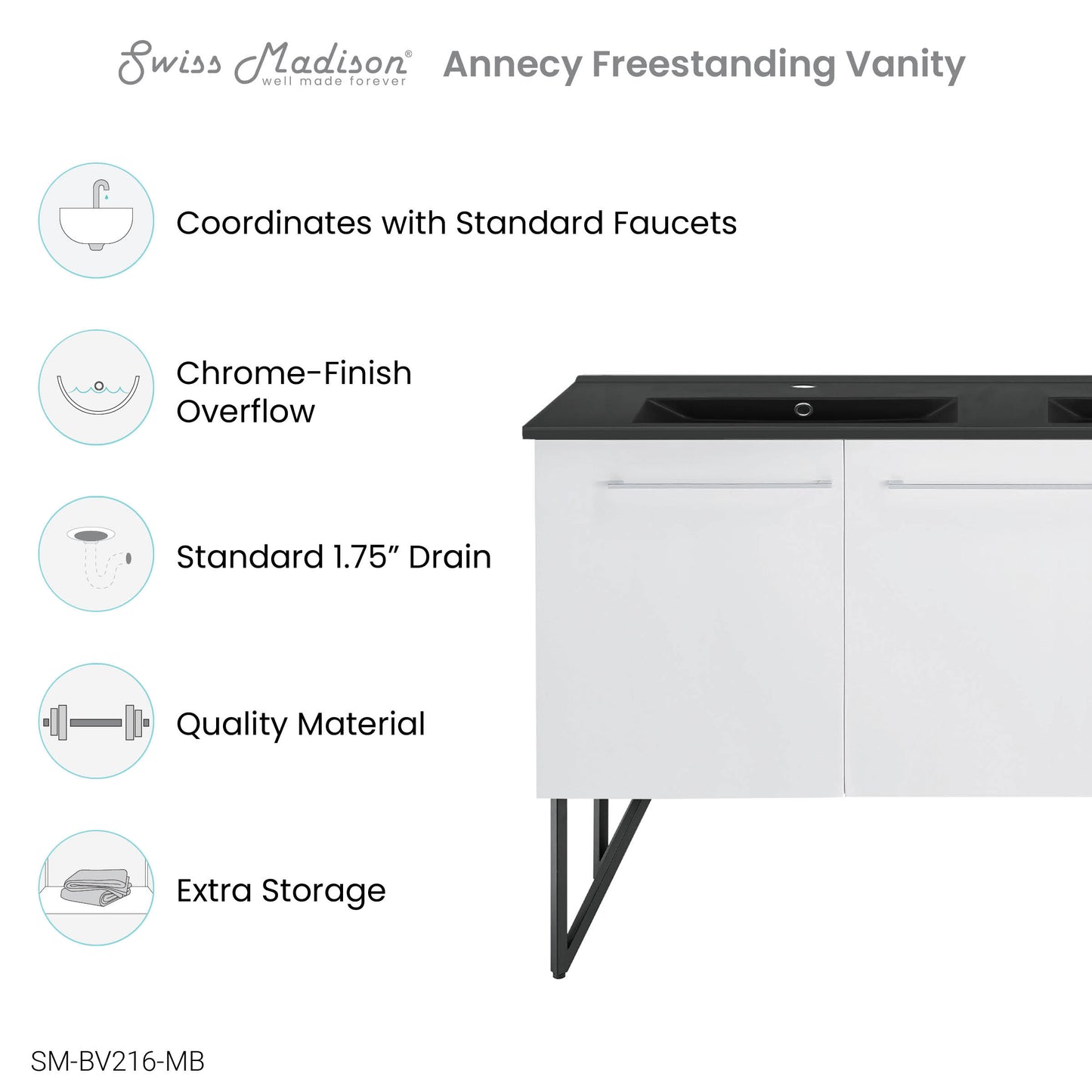 Swiss Madison, Annecy 60 in. White, Double Basin Bathroom Vanity With Black Artificial Stone Sink Top