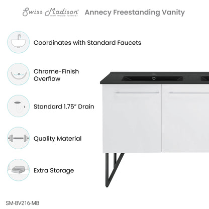 Swiss Madison, Annecy 60 in. White, Double Basin Bathroom Vanity With Black Artificial Stone Sink Top