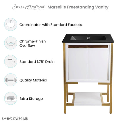 Swiss Madison, Marseille 24 in. White Bathroom Vanity With Black Ceramic Sink Top