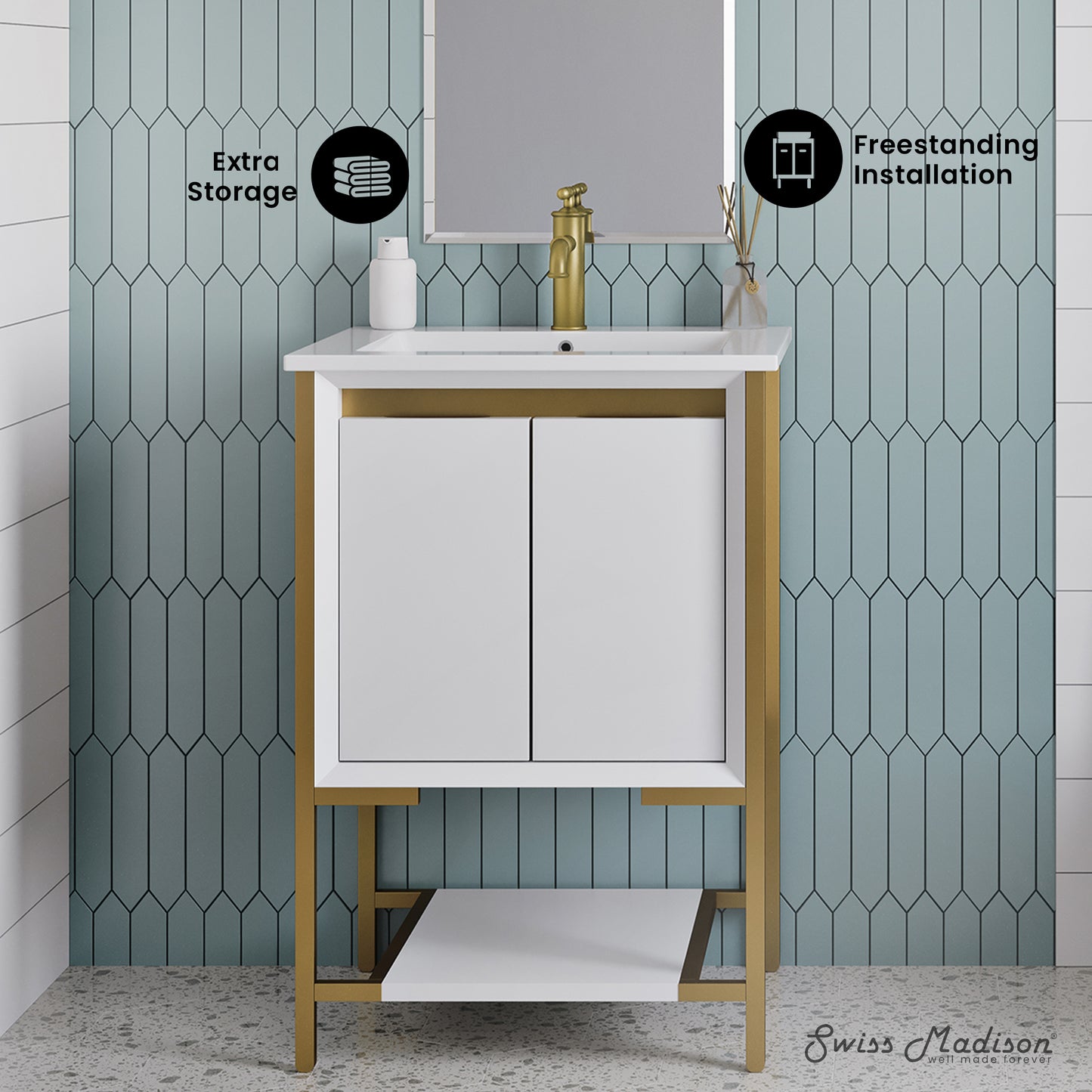 Swiss Madison, Marseille 24" Bathroom Vanity in White and Brushed Gold