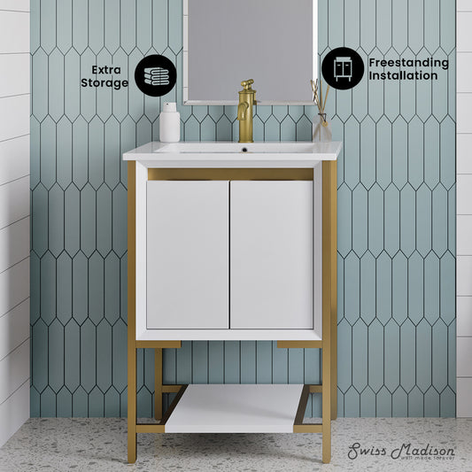 Swiss Madison, Marseille 24" Bathroom Vanity in White and Brushed Gold