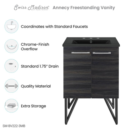 Swiss Madison, Annecy 24 in. Black Walnut Bathroom Vanity With Black, 3-Hole Ceramic Sink Top