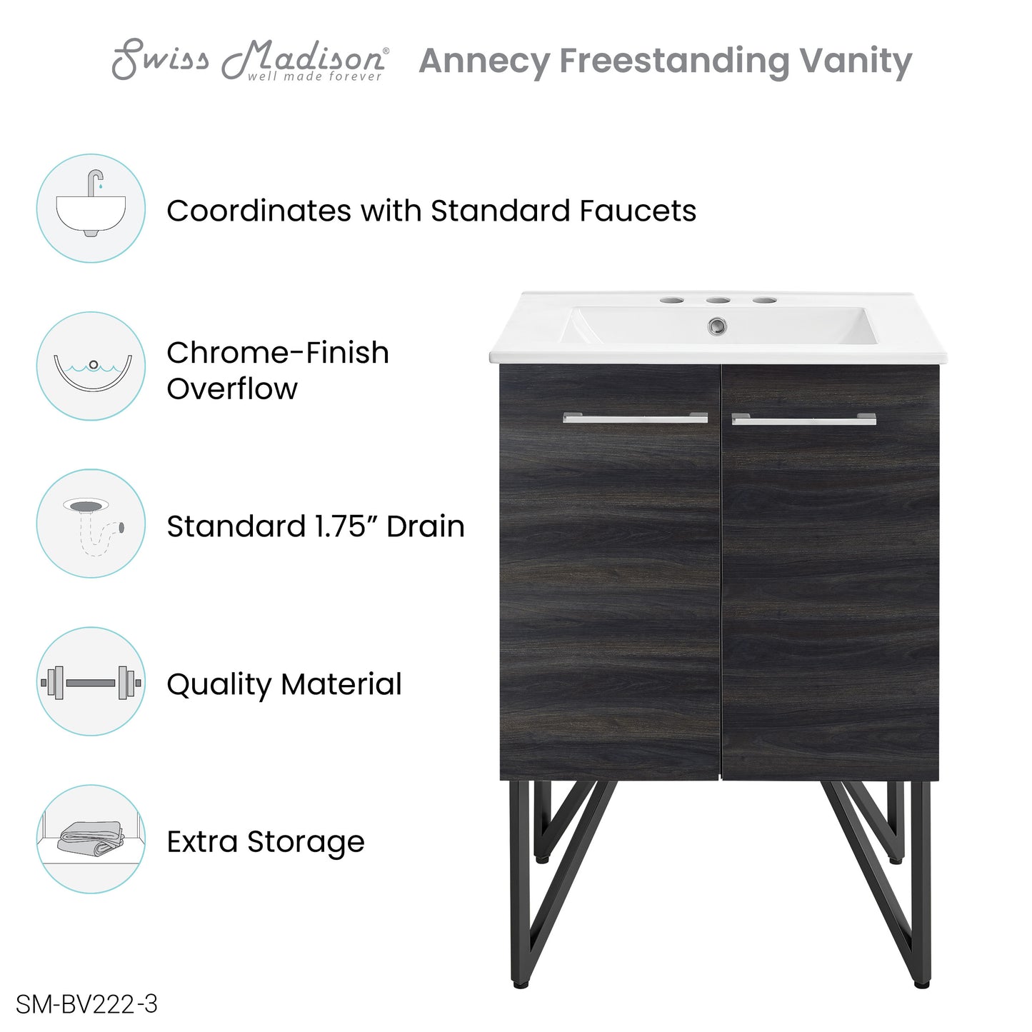 Swiss Madison, Annecy 24 in. Black Walnut Bathroom Vanity With White, 3-Hole Ceramic Sink Top