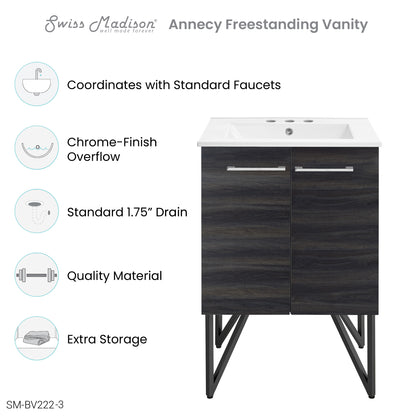 Swiss Madison, Annecy 24 in. Black Walnut Bathroom Vanity With White, 3-Hole Ceramic Sink Top