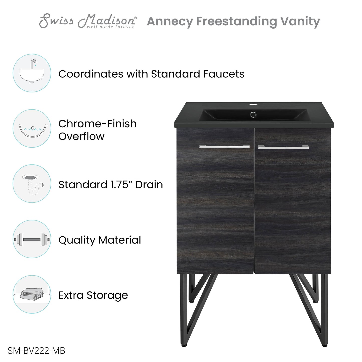 Swiss Madison, Annecy 24 in. Black Walnut Bathroom Vanity With Black Ceramic Sink Top