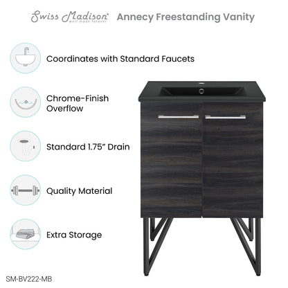 Swiss Madison, Annecy 24 in. Black Walnut Bathroom Vanity With Black Ceramic Sink Top