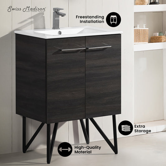 Swiss Madison, Annecy 24" Freestanding Bathroom Vanity in Black Walnut with Sink Top