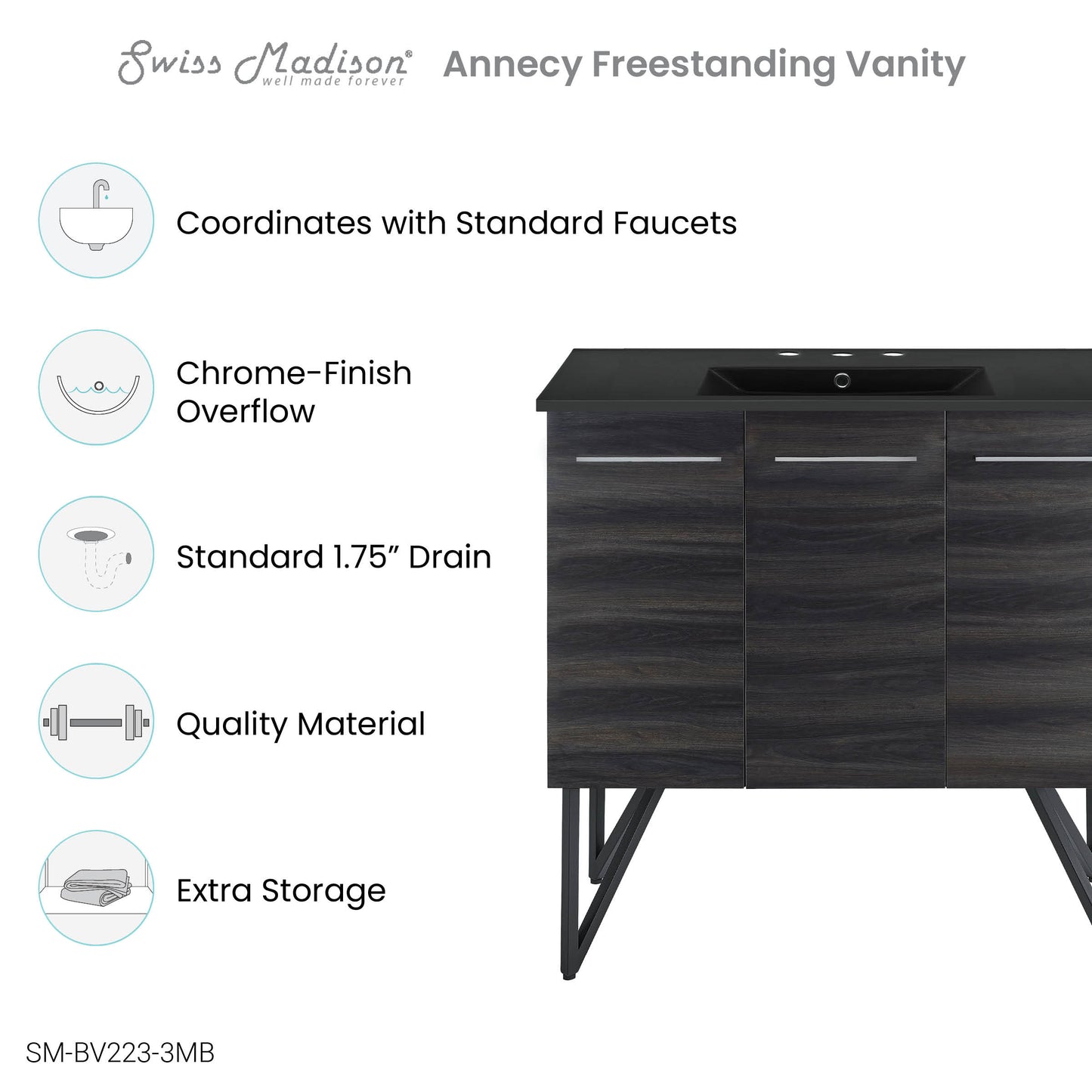 Swiss Madison, Annecy 36 in. Black Walnut Bathroom Vanity With Black, 3-Hole Ceramic Sink Top