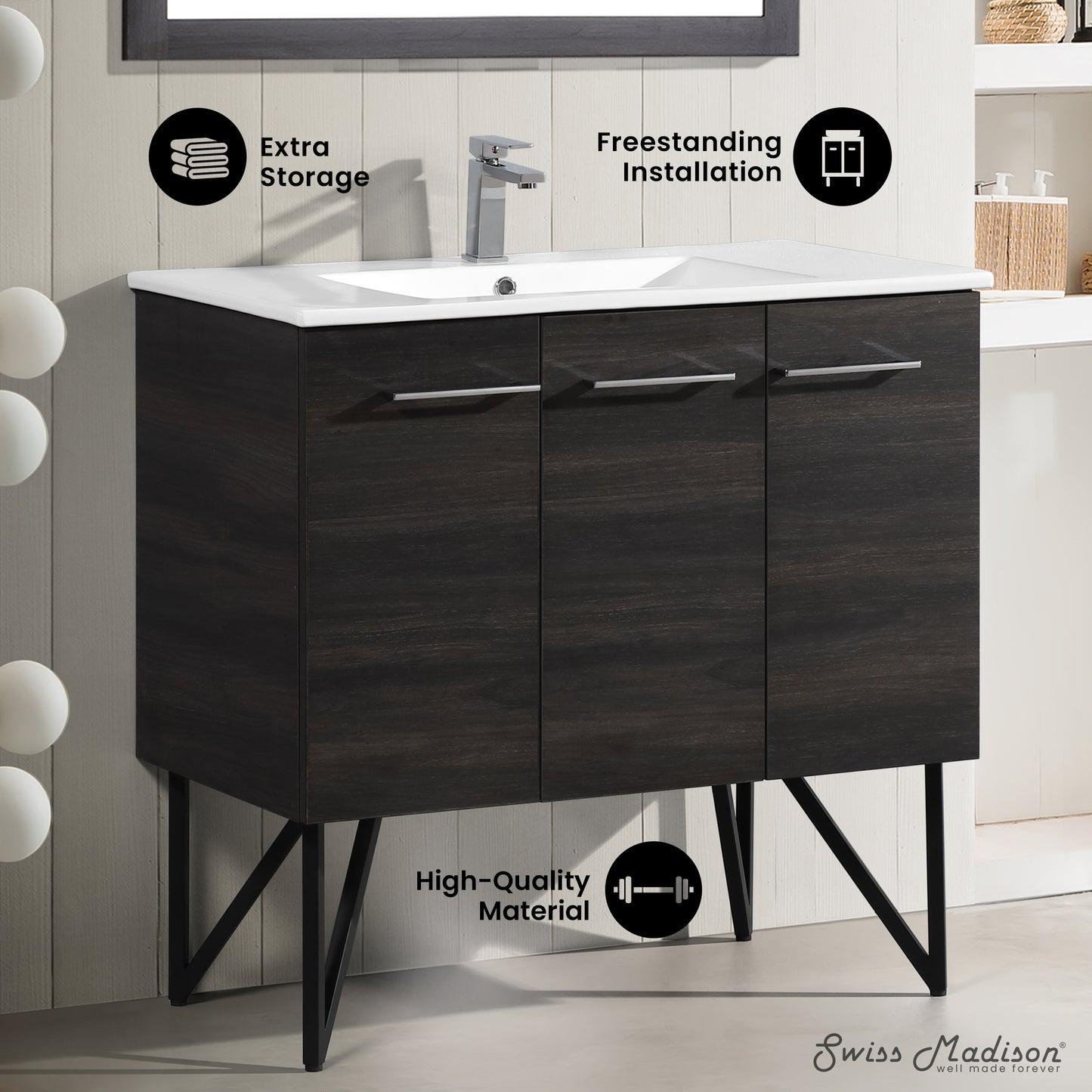 Swiss Madison, Annecy 36" Freestanding Bathroom Vanity in Black Walnut with Sink Top