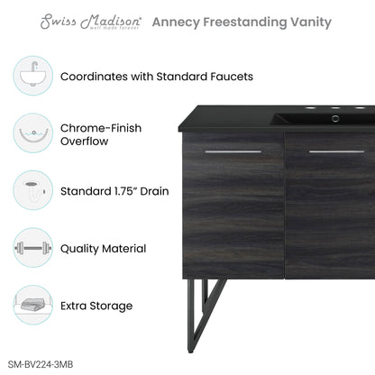 Swiss Madison, Annecy 48 in. Black Walnut Bathroom Vanity With Black, 3-Hole Ceramic Sink Top