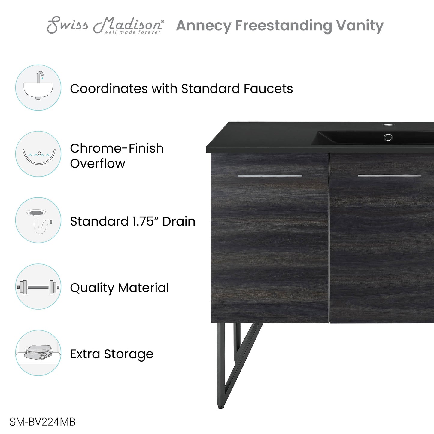 Swiss Madison, Annecy 48 in. Black Walnut Bathroom Vanity With Black Ceramic Sink Top