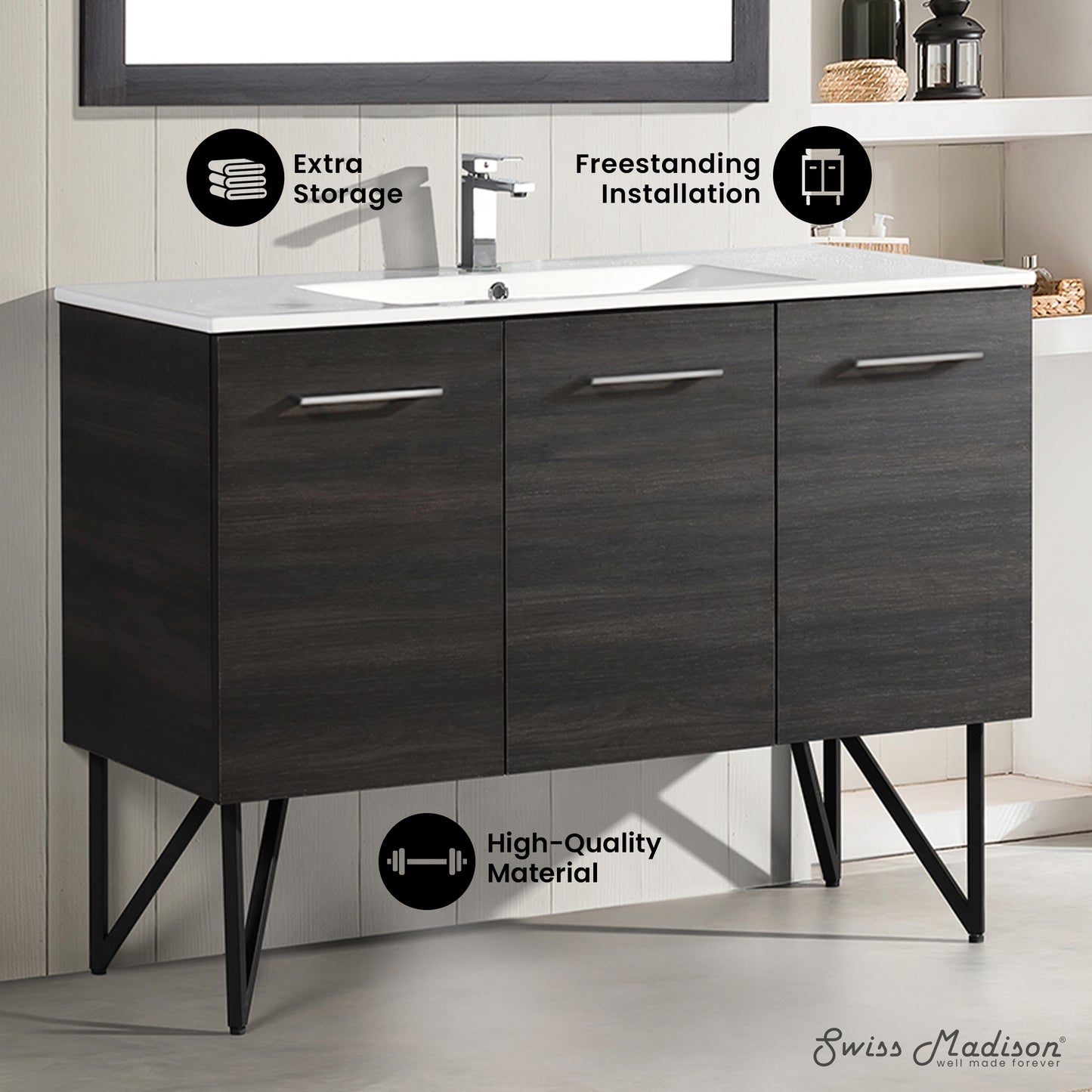 Swiss Madison, Annecy 48" Freestanding Bathroom Vanity in Black Walnut with Sink Top