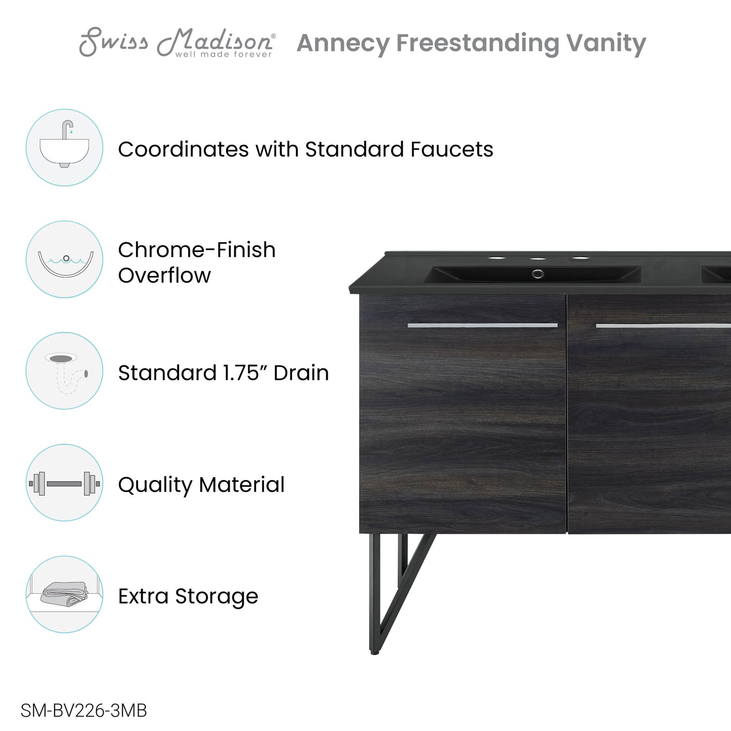 Swiss Madison, Annecy 60 in. Black Walnut, Double Basin Bathroom Vanity With Black, 3-Hole Artificial Stone Sink Top