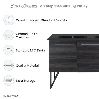 Swiss Madison, Annecy 60 in. Black Walnut, Double Basin Bathroom Vanity With Black Artificial Stone Sink Top
