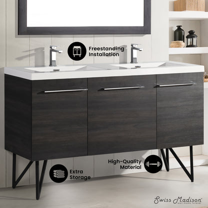 Swiss Madison, Annecy 60" Freestanding Bathroom Vanity in Black Walnut with Sink Top