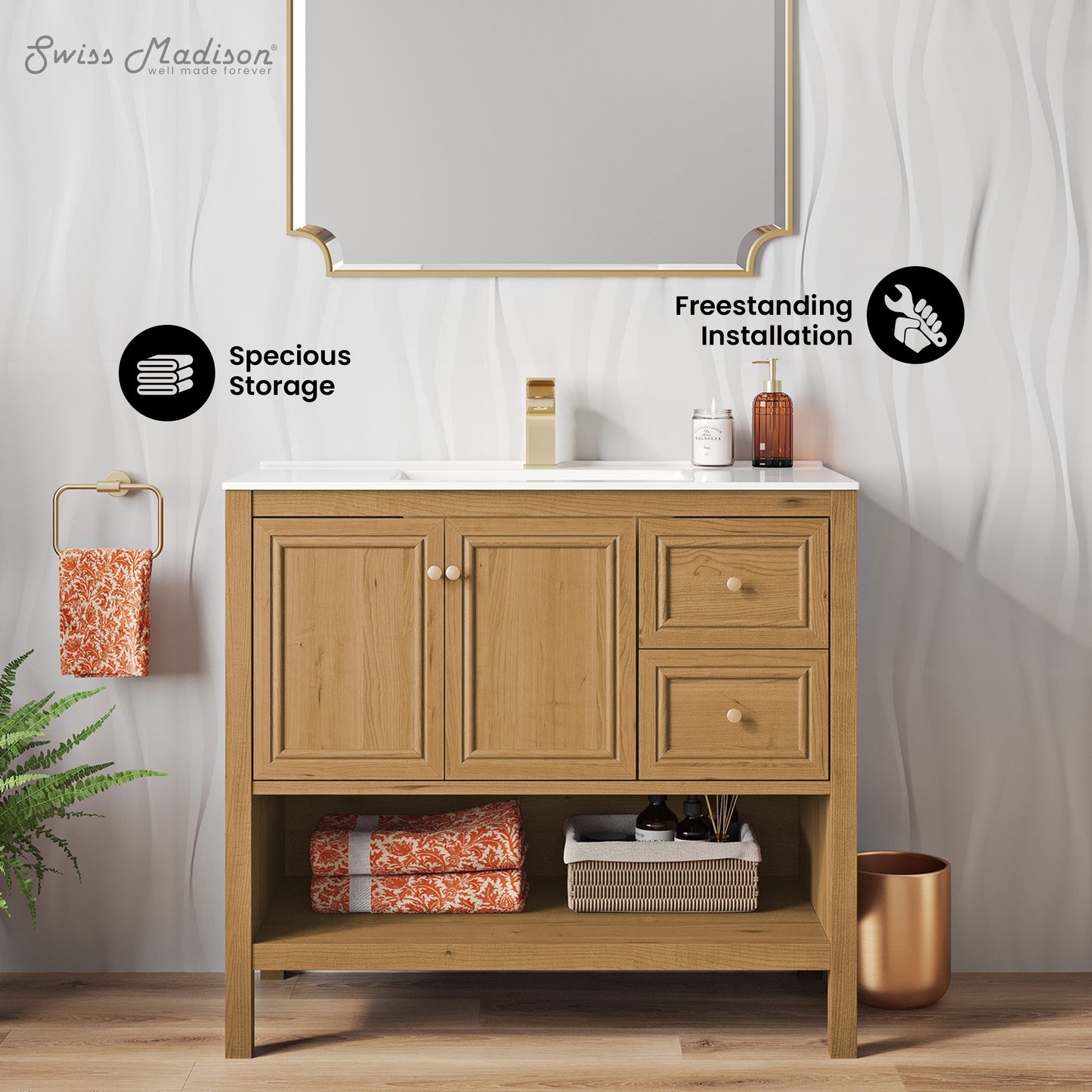 Swiss Madison Chateau 36-inch freestanding bathroom vanity in Golden Oak