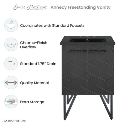 Swiss Madison, Annecy 24 in. Phantom Black Bathroom Vanity With Black, 3-Hole Ceramic Sink Top