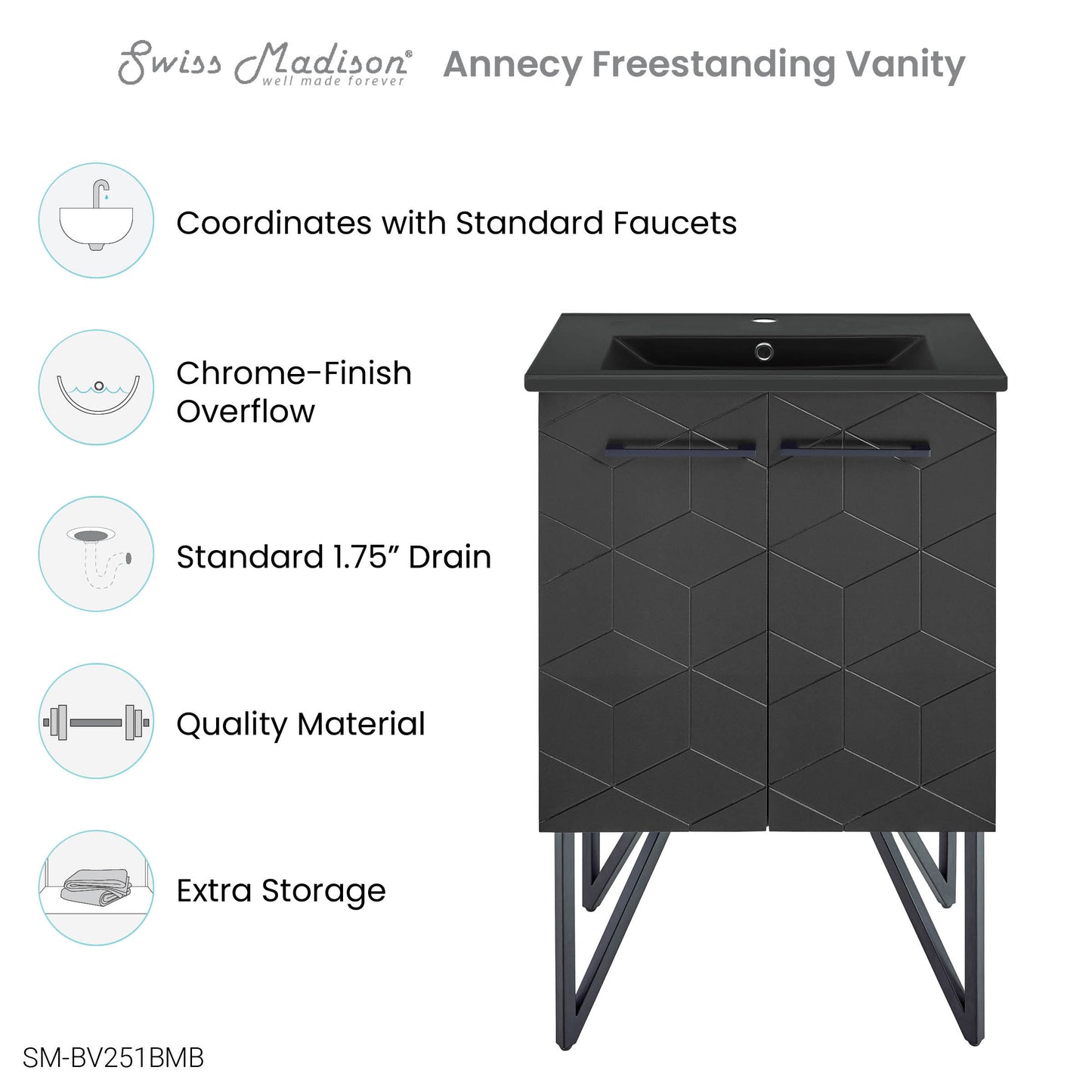 Swiss Madison, Annecy 24 in. Phantom Black Bathroom Vanity With Black Ceramic Sink Top