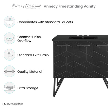 Swiss Madison, Annecy 36 in. Phantom Black Bathroom Vanity With Black, 3-Hole Ceramic Sink Top