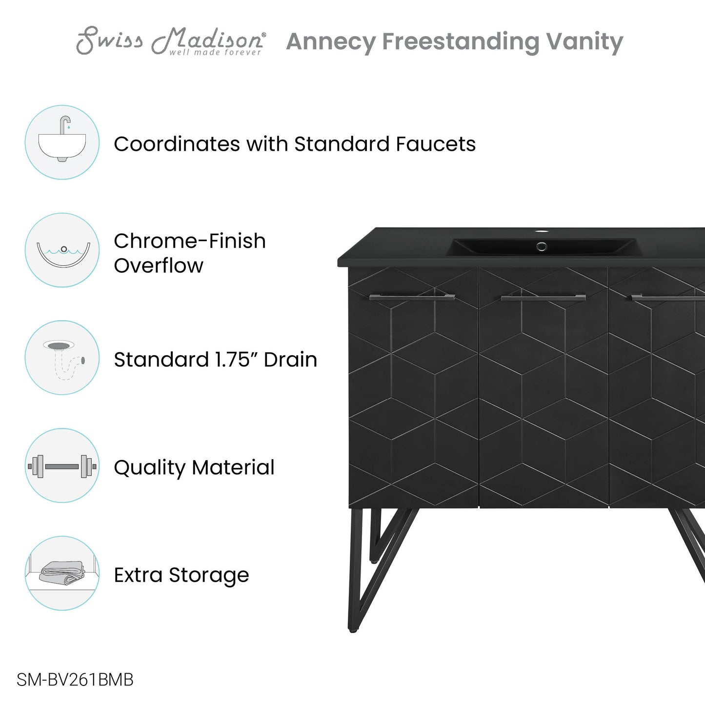 Swiss Madison, Annecy 36 in. Phantom Black Bathroom Vanity With Black Ceramic Sink Top