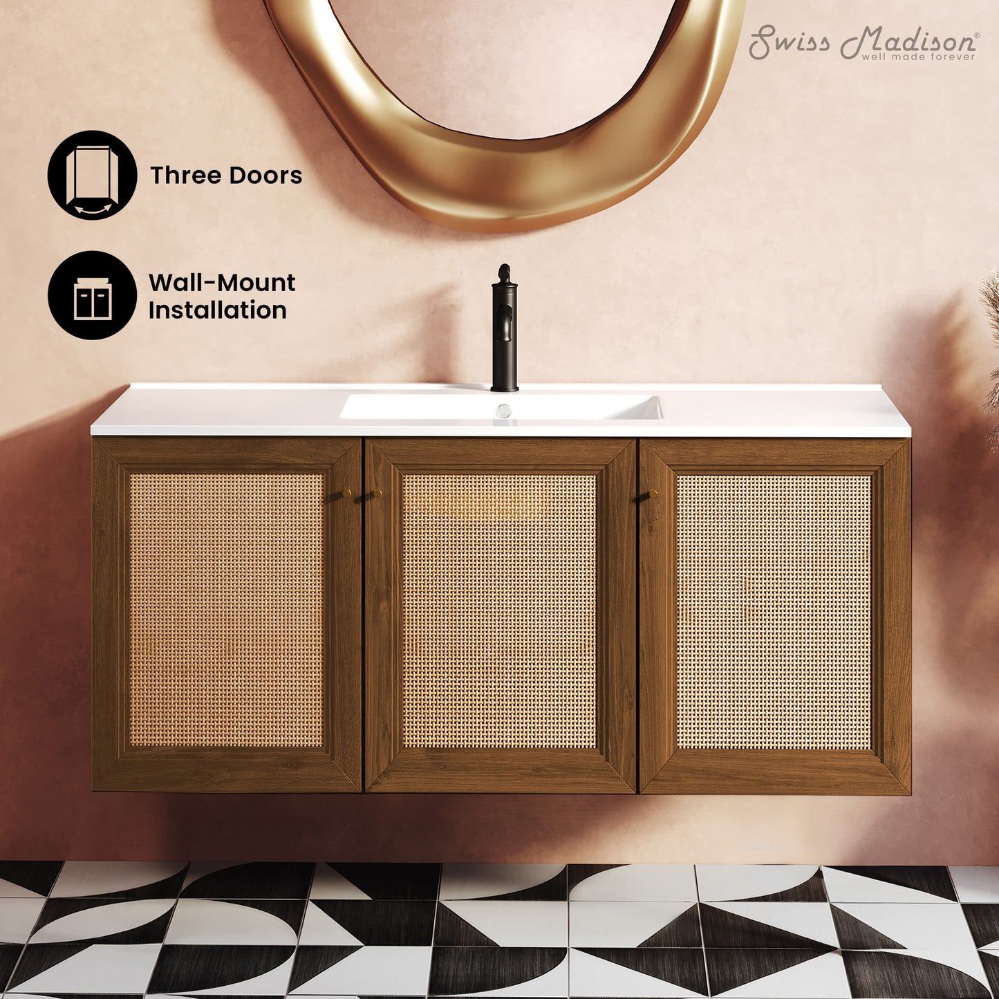 Swiss Madison, Classe 48" Wall-Mounted Bathroom Vanity in Brown Oak