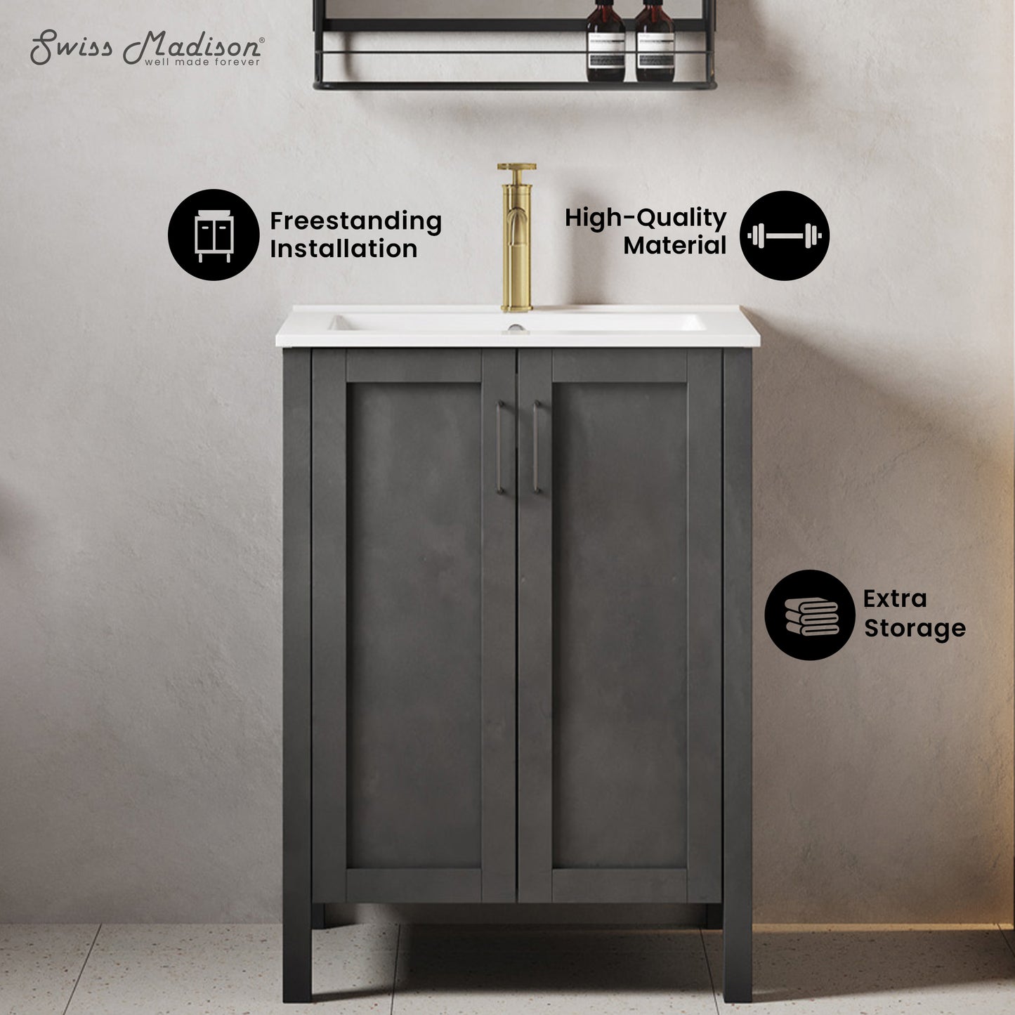Swiss Madison, Avallon 24" Freestanding Bathroom Vanity in Black with Sink Top