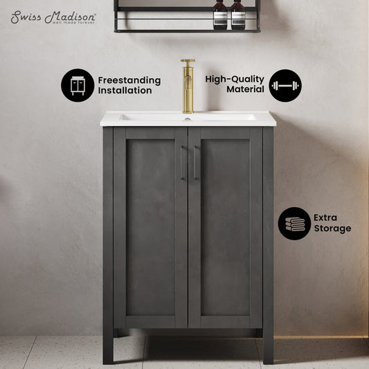 Swiss Madison, Avallon 24" Freestanding Bathroom Vanity in Black with Sink Top