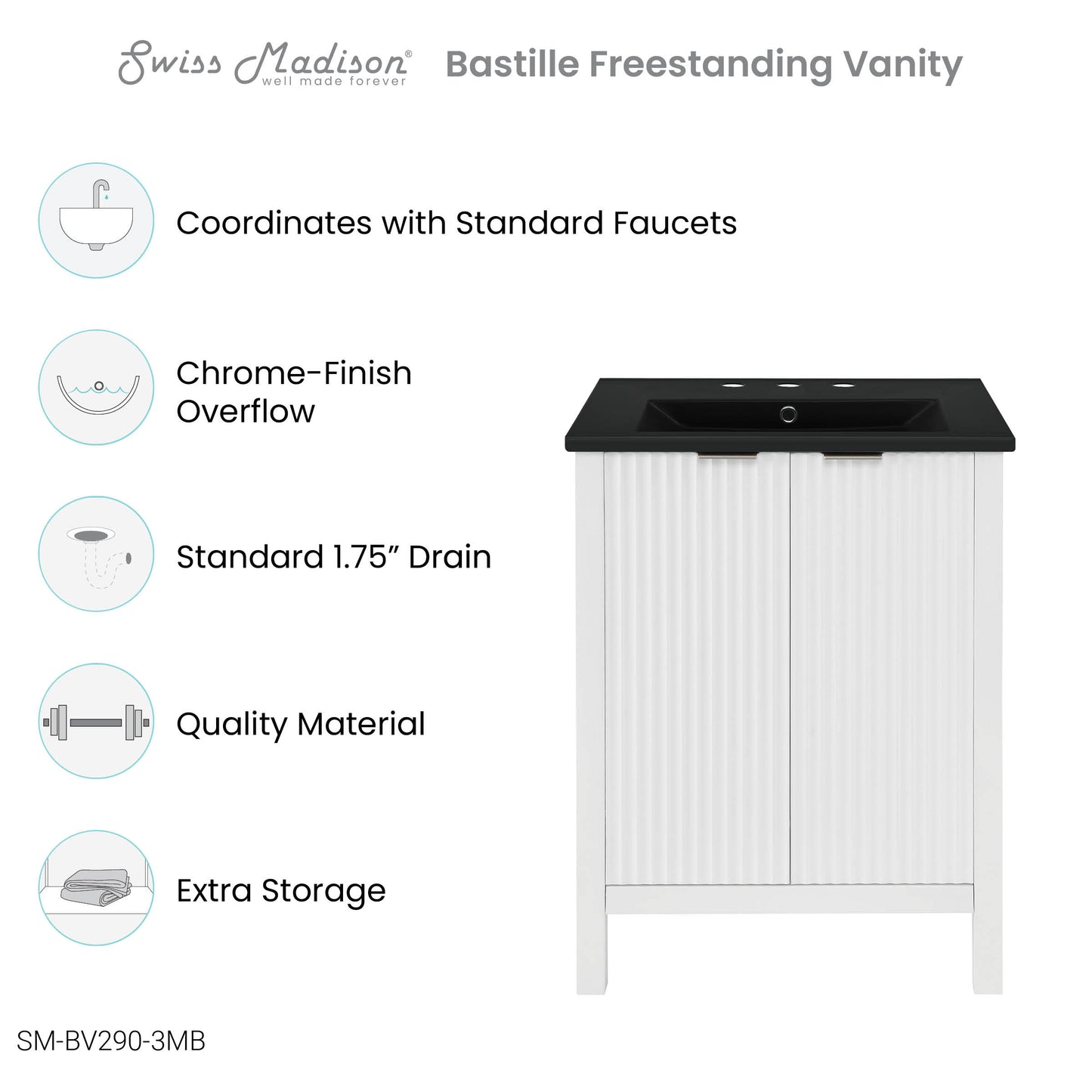 Swiss Madison, Bastille 24 in. White Bathroom Vanity With Black, 3-Hole Ceramic Sink Top