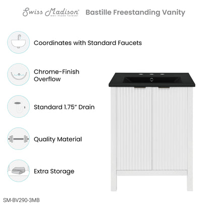 Swiss Madison, Bastille 24 in. White Bathroom Vanity With Black, 3-Hole Ceramic Sink Top