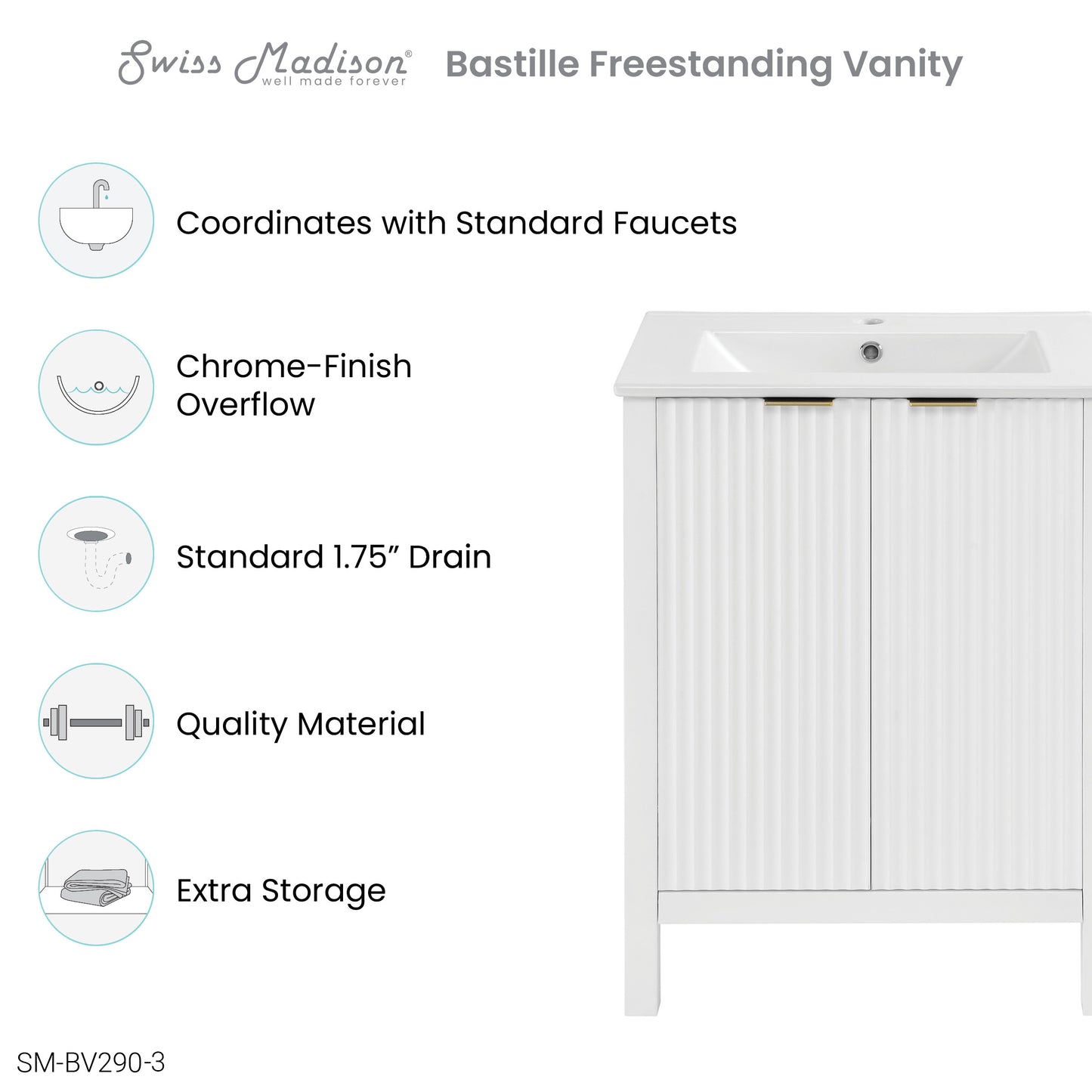 Swiss Madison, Bastille 24 in. White Bathroom Vanity With White, 3-Hole Ceramic Sink Top