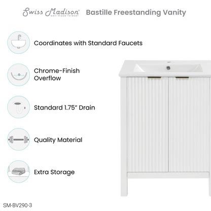 Swiss Madison, Bastille 24 in. White Bathroom Vanity With White, 3-Hole Ceramic Sink Top