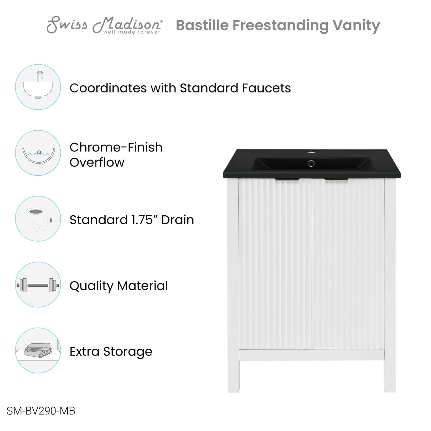 Swiss Madison, Bastille 24 in. White Bathroom Vanity With Black Ceramic Sink Top