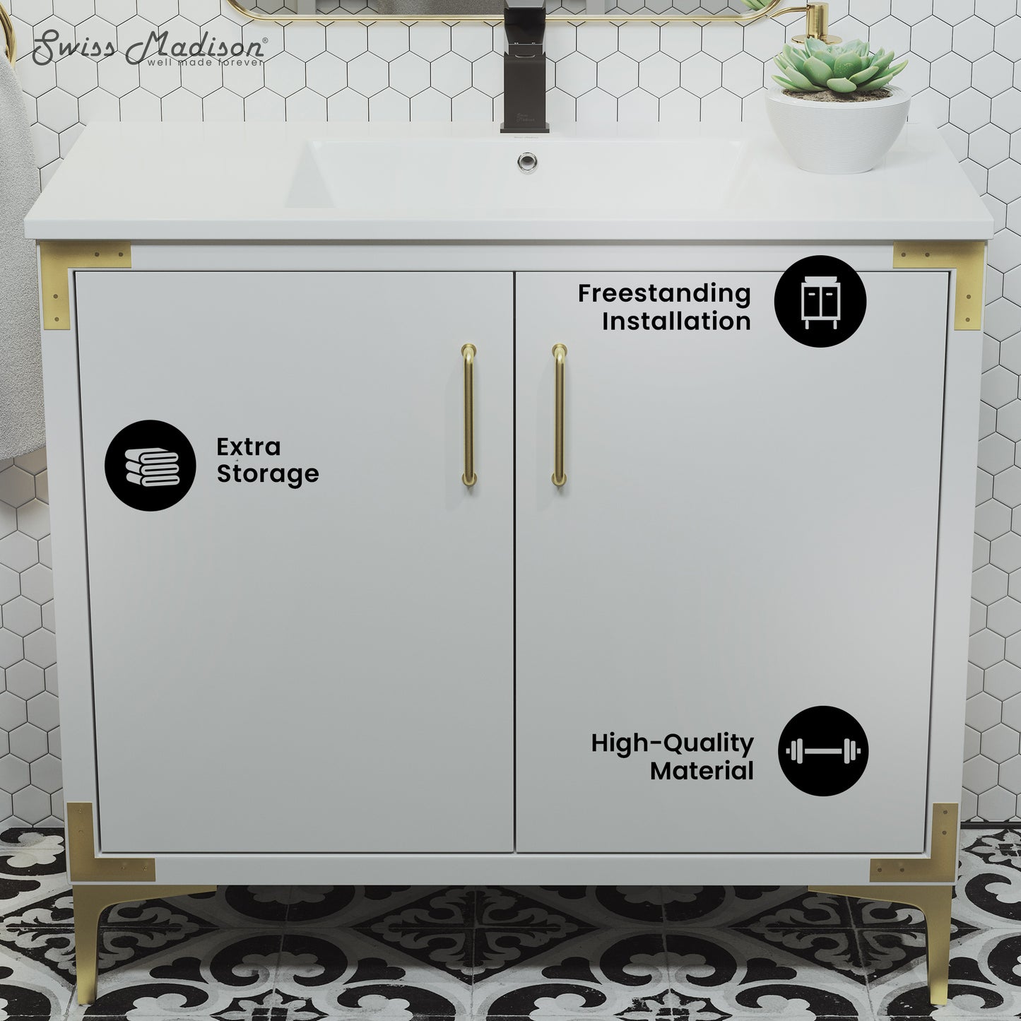 Swiss Madison, Voltaire 36" Freestanding Bathroom Vanity in White with Sink Top