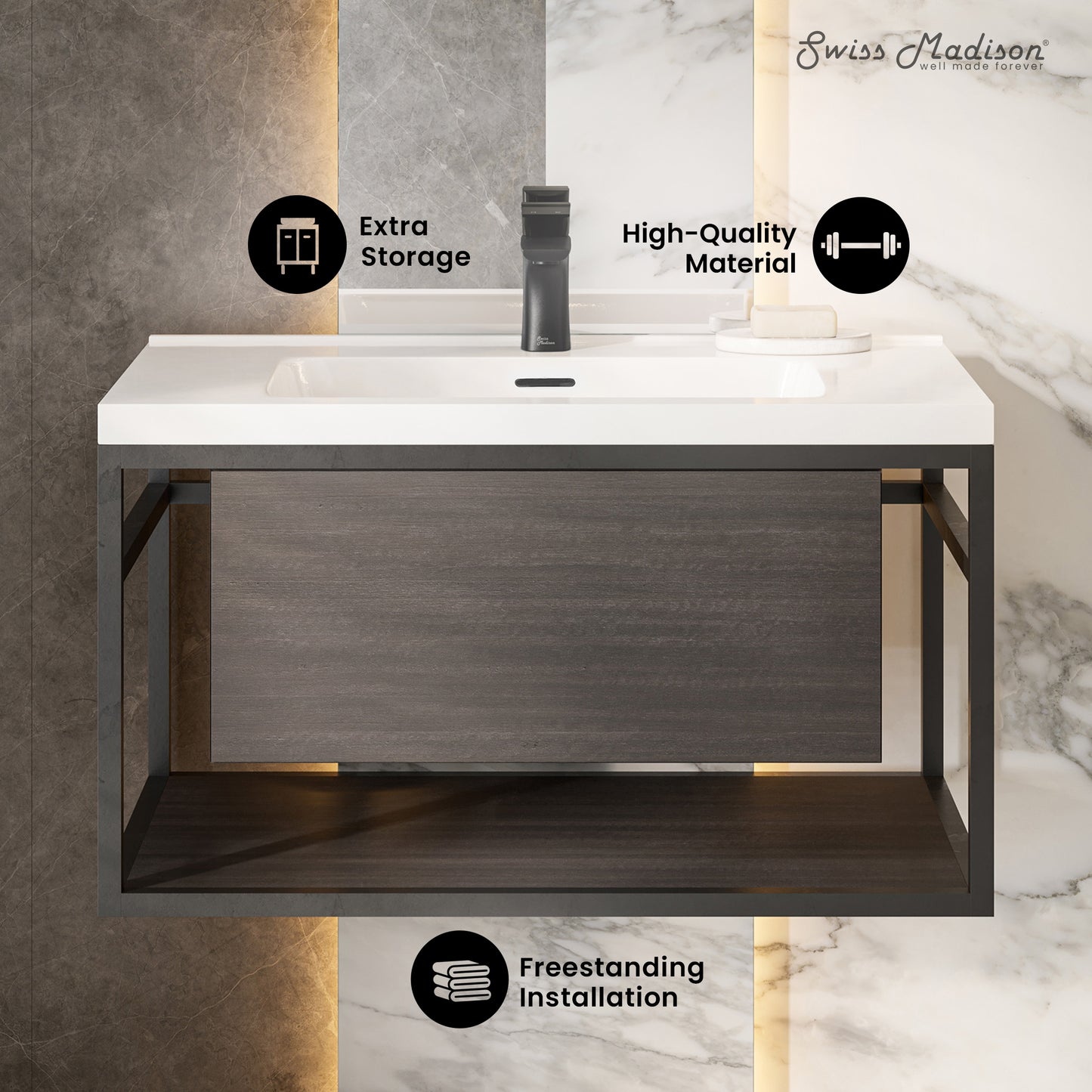 Swiss Madison, Claire 30" Wall-Mounted Bathroom Vanity in Black Oak with Sink Top