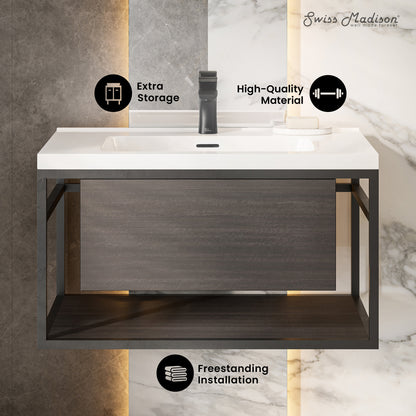 Swiss Madison, Claire 30" Wall-Mounted Bathroom Vanity in Black Oak with Sink Top
