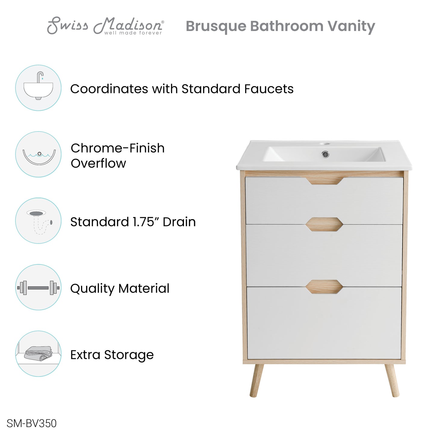 Swiss Madison, Brusque 24" Freestanding Bathroom Vanity in Natural Oak with Sink Top